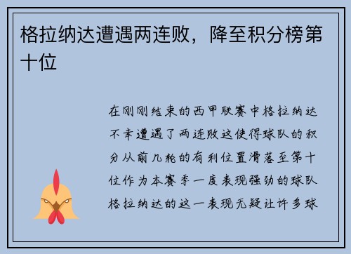 格拉纳达遭遇两连败，降至积分榜第十位